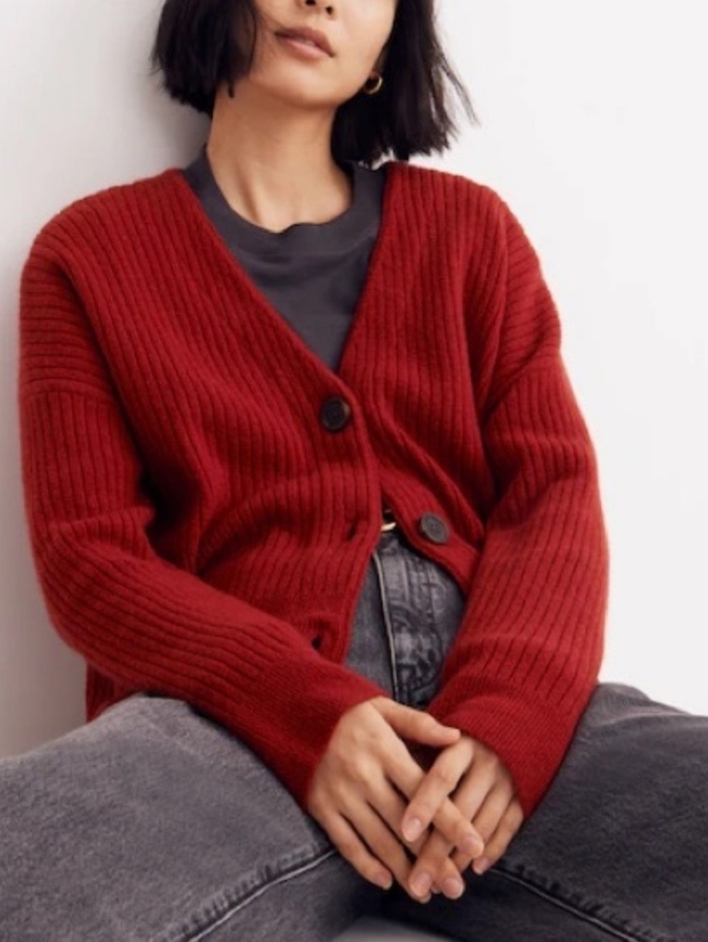 Madewell Cameron Wool Ribbed Cardigan Sweater Coziest Yarn wild cranberry Sz S